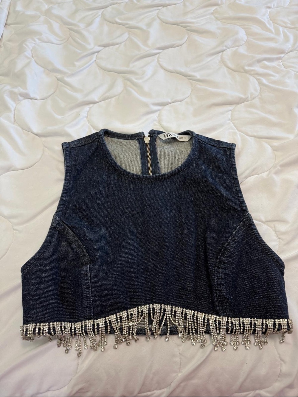 Zara Navy Denim Crop Top with Beaded Fringe